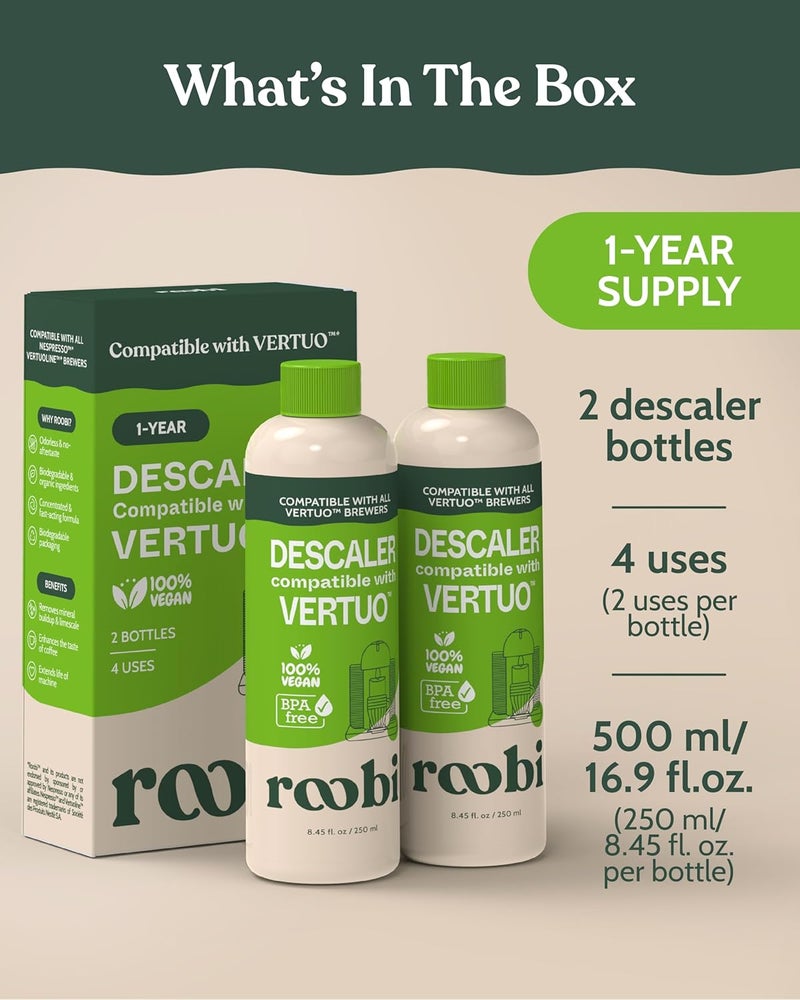Roobi Nespresso Vertuo Compatible Descaling Solution. Eco-Friendly Formula to Clean & Descale Your Nespresso Vertuoline Machine. 2 Uses per Bottle, 2 Pack. Carbon Neutral Vertuo Descaling Kit. - Image 3